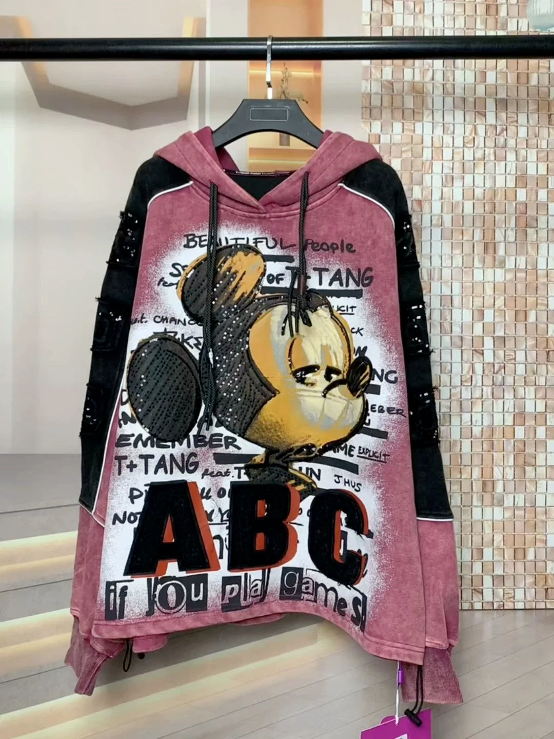 European and American new fashion heavy industry embroidery cartoon print loose hooded sweatshirt T-shirt for both men and women