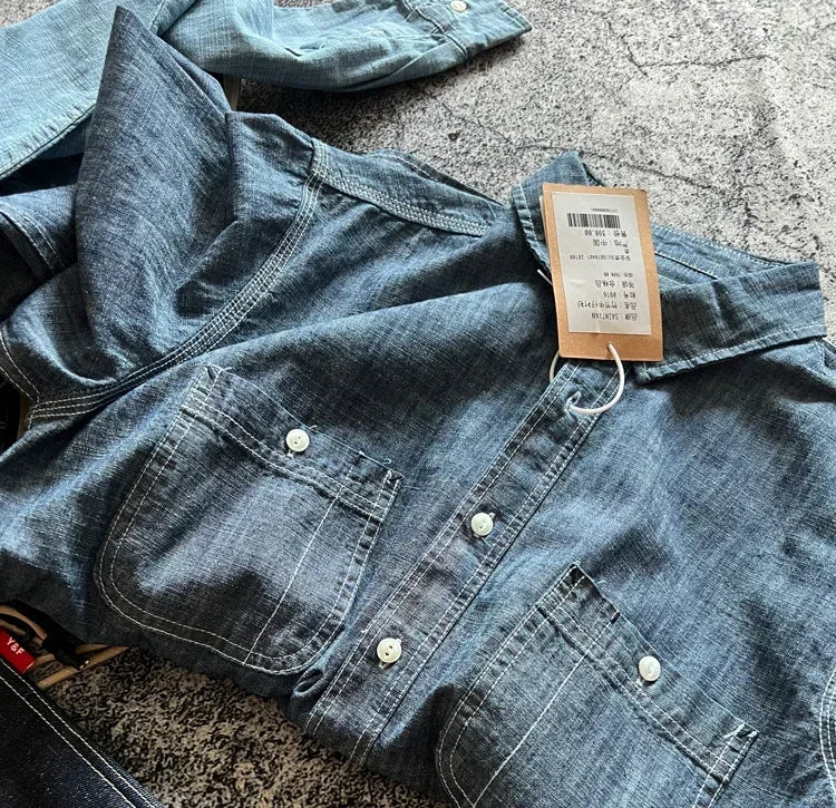 Japan Retro Bamboo Yarn Denim Casual Shirt Cool Hong Kong Style Long Sleeve Loose Spring Autumn 100% Cotton Washed Workwear Tops
