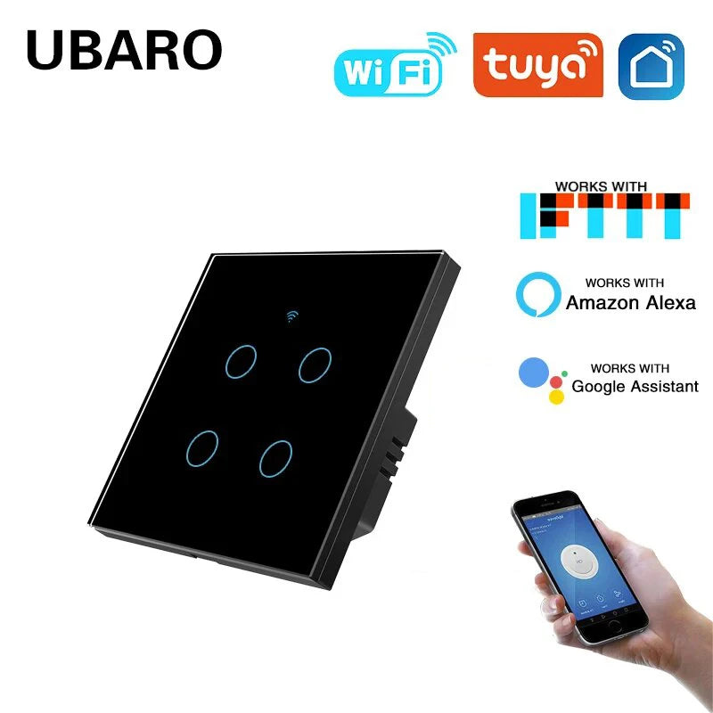 UBARO 86×86mm 1/2/3/4 Gang WiFi Smart Touch Switch, Tuya App/Voice Control, Timer, 2-Way/1-Way, Neutral Required