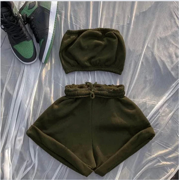 Thin Summer New Solid Color Lace Up Tracksuits Women Sleeveless Backless Tube And Shorts Two Piece Sets Casual 2pcs Outfits