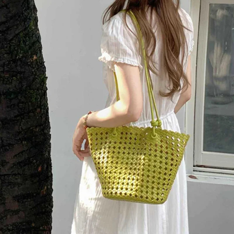 Hand-woven Openwork handBag With Zipper Inner Pocket,summer Pu Leather Beach Bucket Bags,large Capacity Simple Shopping handBag
