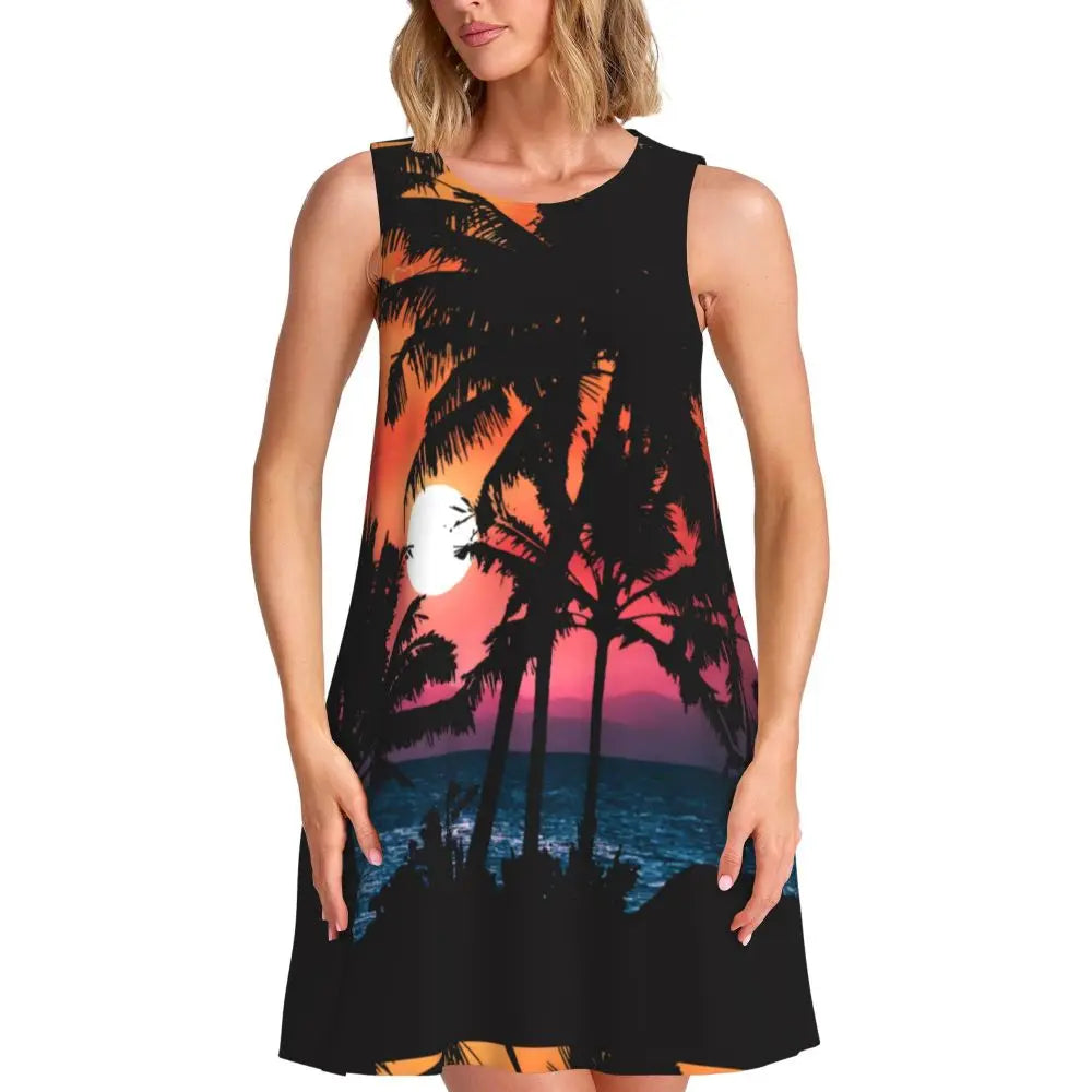 Ocean Sunset Casual Dress Palm Tree Print Sleeveless Elegant Dresses Ladies O Neck Simple Dress Day Print Clothing Birthday Gift