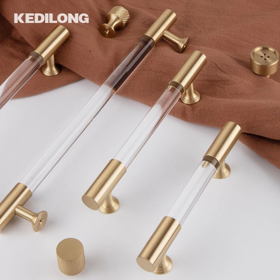 KEDLO European style modern brass acrylic Pull handle kitchen cabinet modern minimalist drawer transparent handle