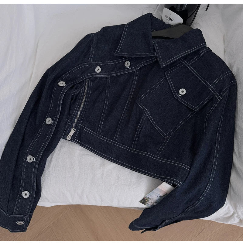 Vintage Wash Denim 2 Piece Sets Women Long Sleeve Crop Top Zipper Jacket and A-Line Mini Skirts Suits Streetwear Jeans Outfits