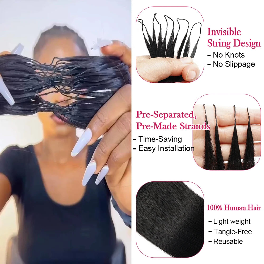 Feather Crochet Human Hair Extensions 16-26Inch Burmese Straight Hair Pre-Looped Invisible Pre-Separated Crochet Bulk Human Hair