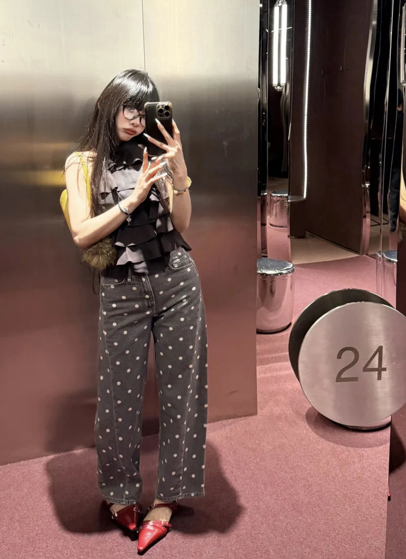 ETJ 2026 New Women's High Waist Polka Dot Wide Leg Jeans Casual Straight Denim Pants Fashion Summer Loose Fit Trousers