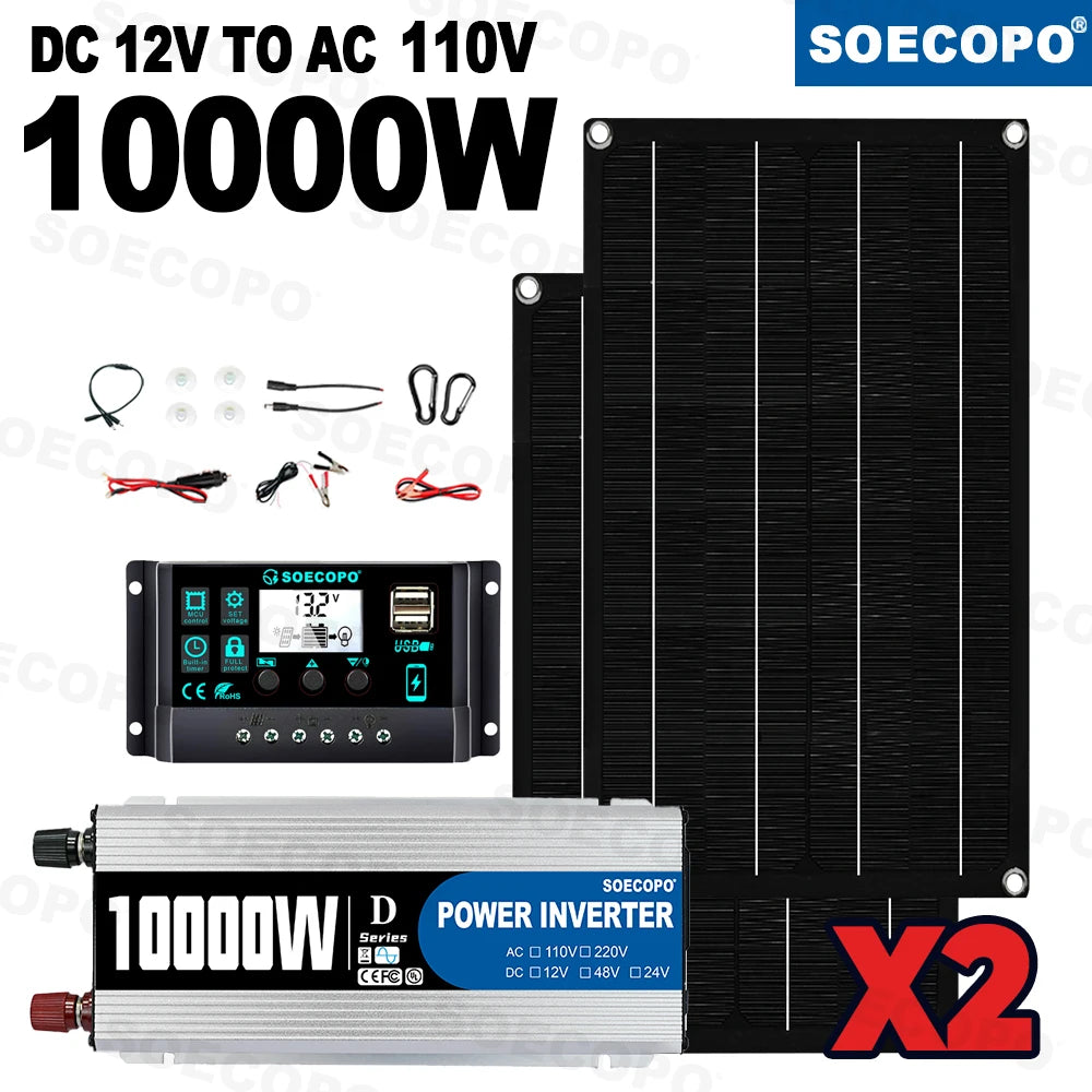SOECOPO 10000W High-Efficiency Solar Kit 2x800W Panels 100A Controller 12V to 110V 220V Inverter for Boat RV Camping Off-Grid