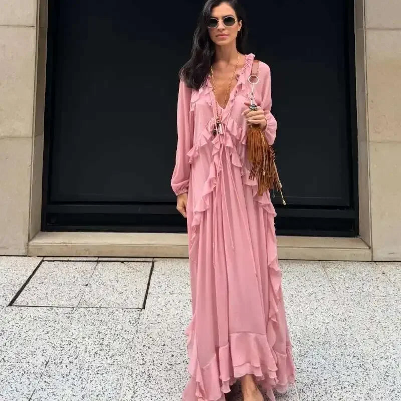 2026 Casual Solid Ruffles Patchwork Robe Women Minimalist Full Sleeve Mesh Loose Fit Lace Up Maxi Dress Vacation Daily Date Wear