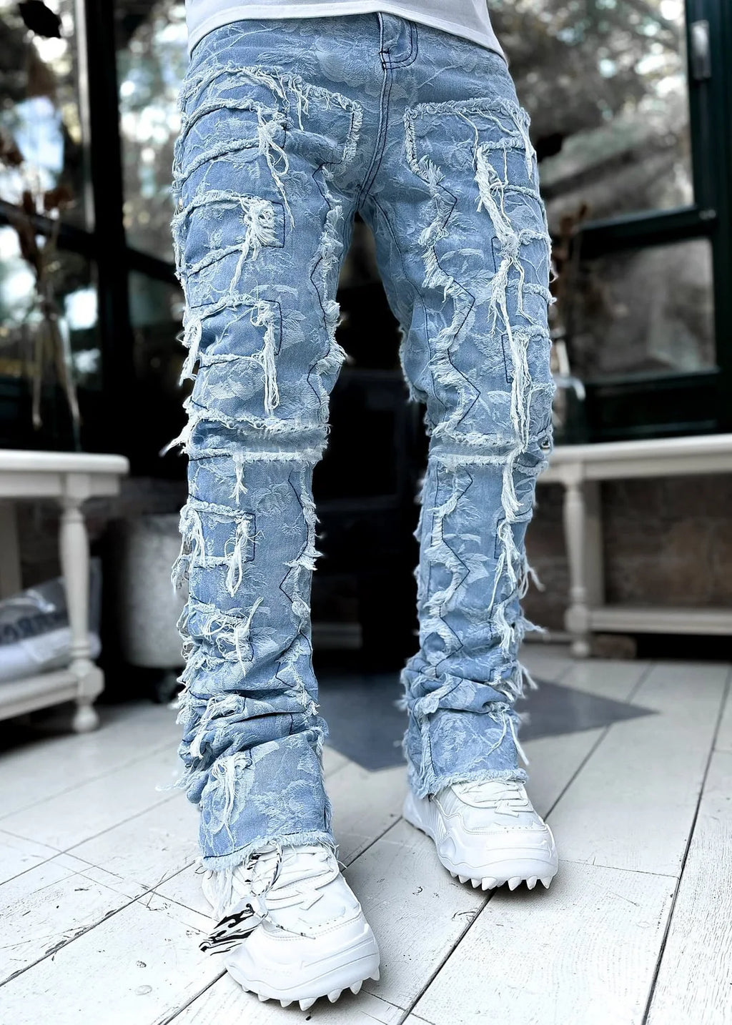 2026 New Men's Denim Straight-Leg Pants, European and American Street Fashion Ins Stretch Patch Denim Straight-Leg Pants