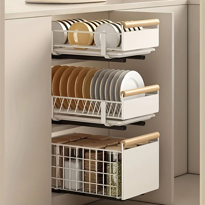 Space-Saving Kitchen Drawer Organizer, Pull Out Storage Rack for Storing Plates, Bowls, and Spices Kitchen Organizer and Storage