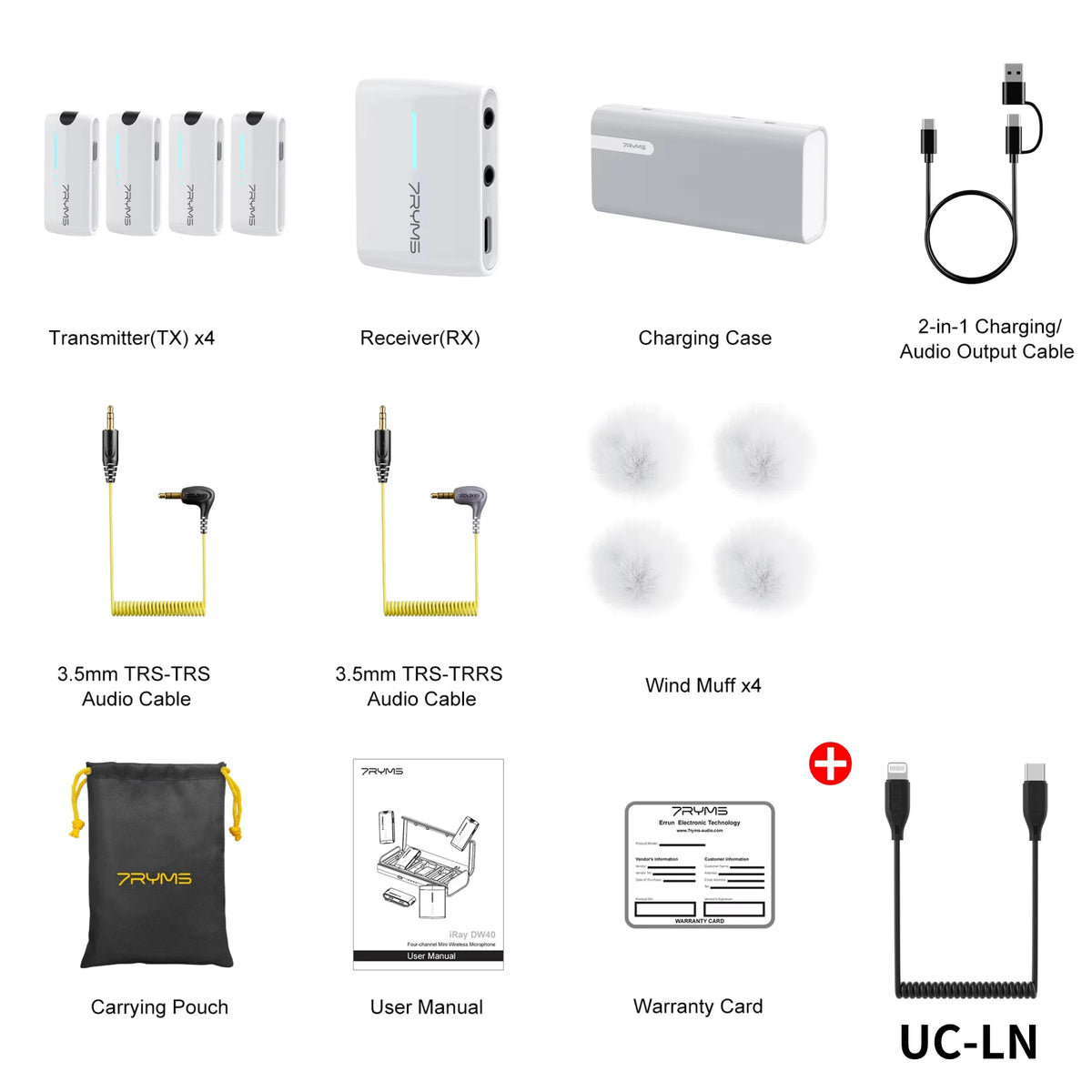 7Ryms IRay DW40 Wireless Lavalier Microphone with 4 Transmitters,48kHz/24bit Recording,AI Denoise for Camera,SmartPhone and PC