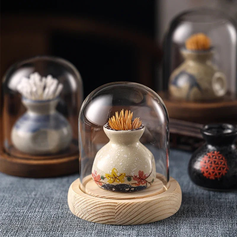 Japanese Retro Toothpick Box Home Toothpick Cotton Swabs Jar Ceramic Pot Glass Dust Cover Modern Exquisite Decoration Modern