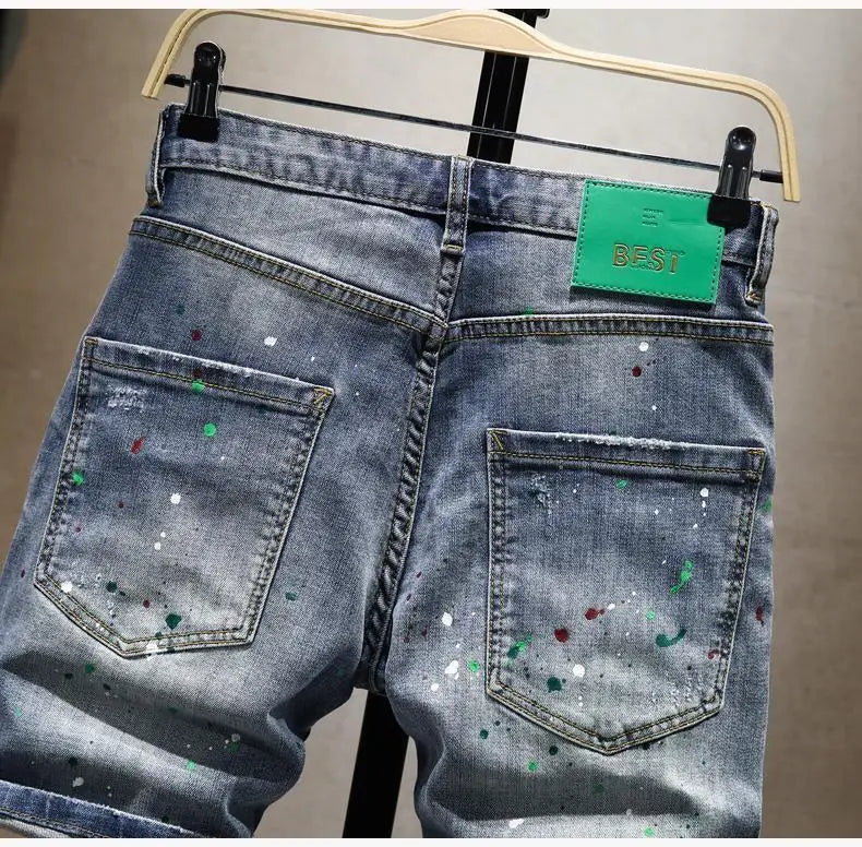 Washed Ripped Denim Men's Trendy Brand Spray Paint Medium Summer Thin Elastic Patch Bermuda Short Pants Men's Jeans Shorts