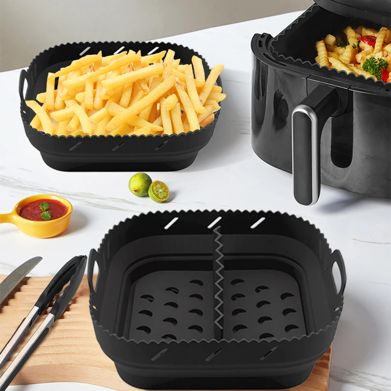 Square Silicone Air Fryer Liner with Divider Non-Stick Easy to Clean Dishwasher Safe Food Riser Holder