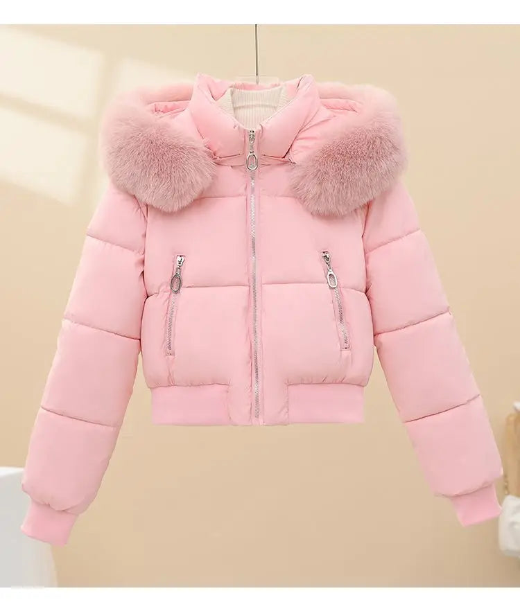 Korean Style Cropped Slim Fit Puffer Parka Women Detachable Faux Fur Trim Hood Thick Warm Zip Pockets Winter Casual Outfit 2026