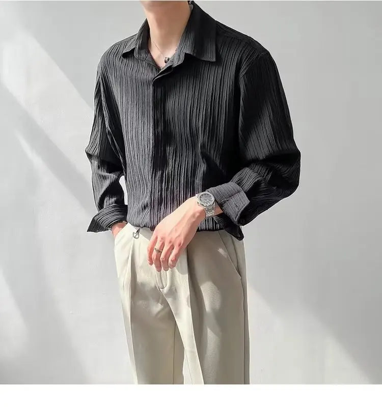 Black Apricot White Long-sleeved Shirt Men Fashion Social Mens Dress Shirt Korean Loose Casual Pleated Shirts Mens Formal Shirt