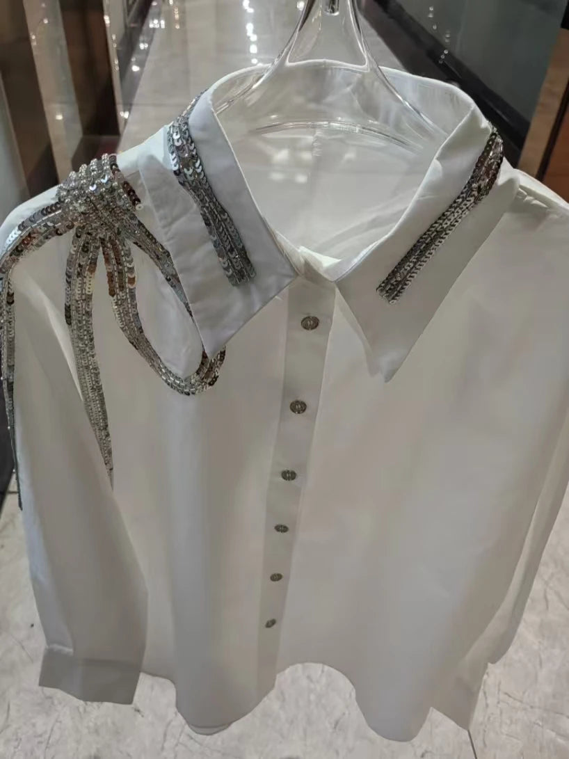 Luxury Brand Design Sequins Embroidery Cotton Blouses Shirts Women for 2025 Autumn Trend Long Sleeve Blue Tops Woman Clothes
