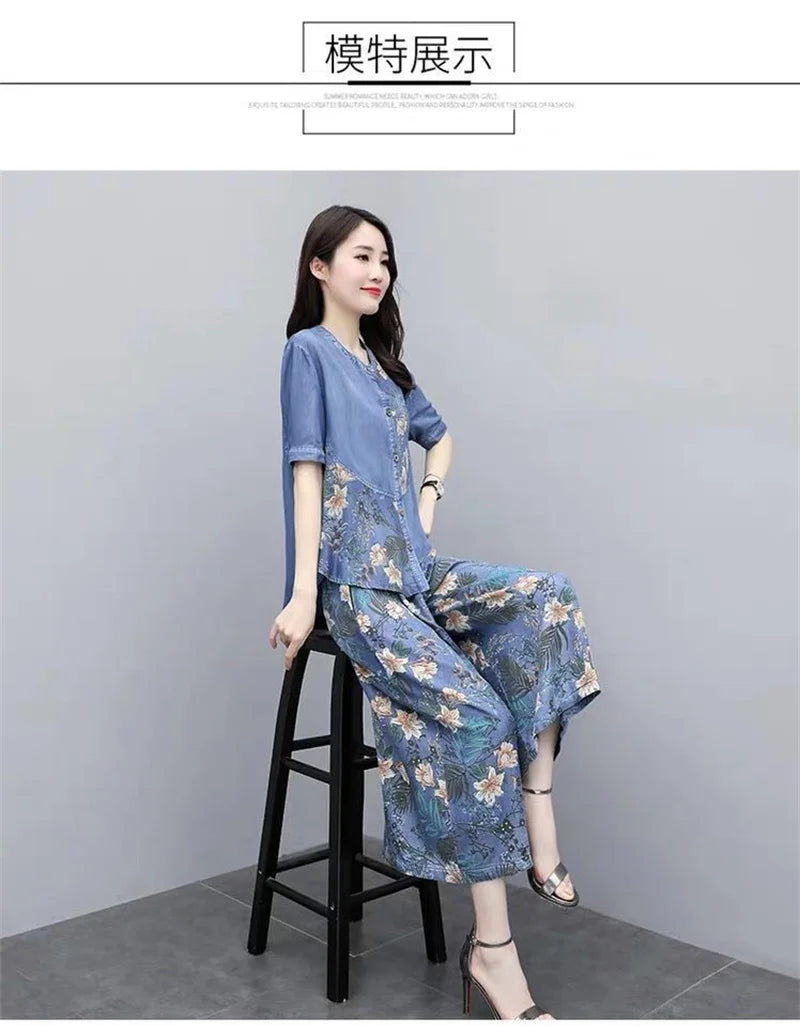 Ethnic Style Denim Wide Leg Pants Sets For Women Spring Summer NEW Embroidery Cowboy Jacket +Jeans Pants Suits Female Outfits