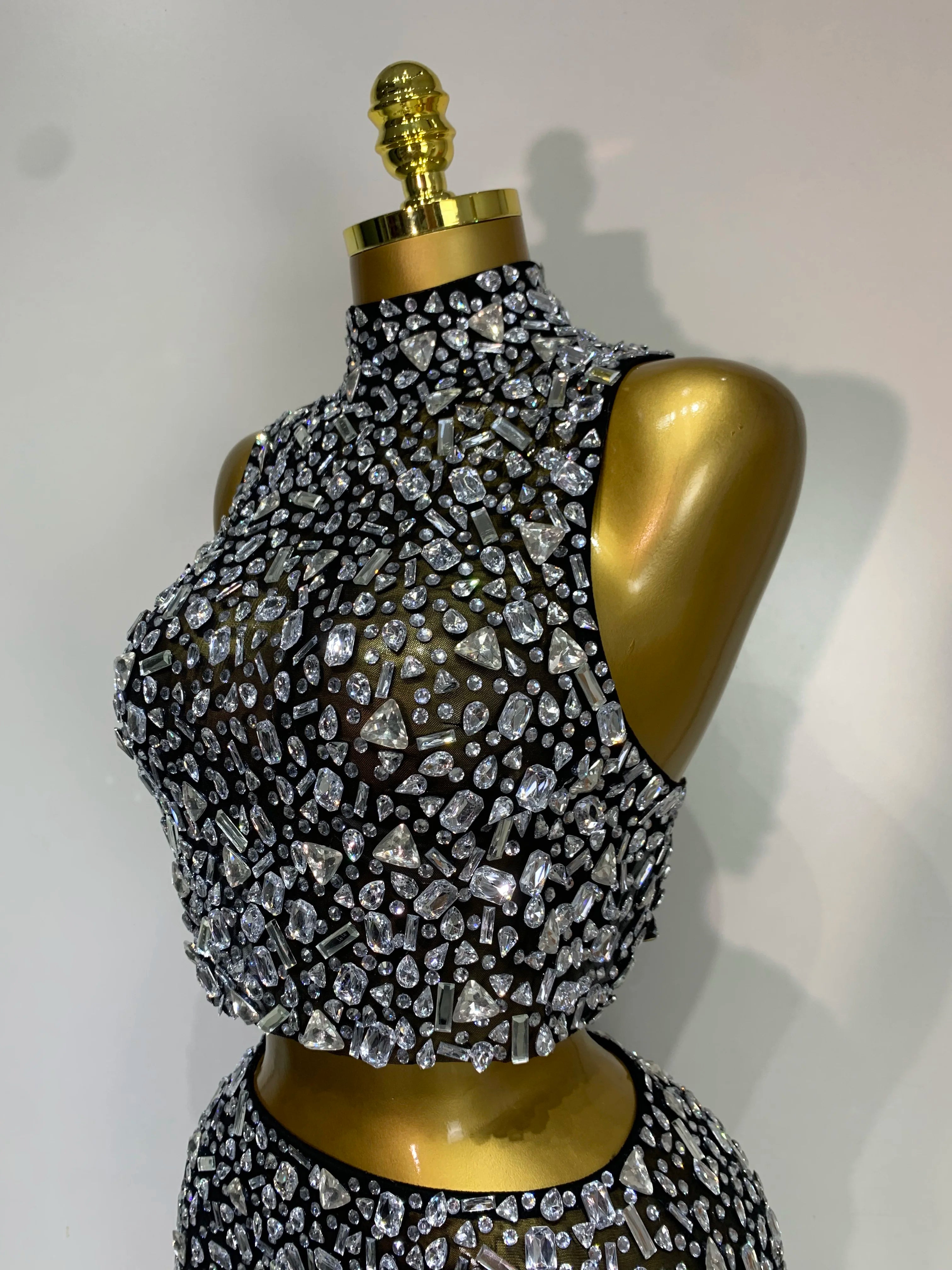 High Quality Sparkling Rhinestone Sexy See Through Blackless Top Skirt Two Pieces Set Woman Luxury Birthday Evening Party Gowns