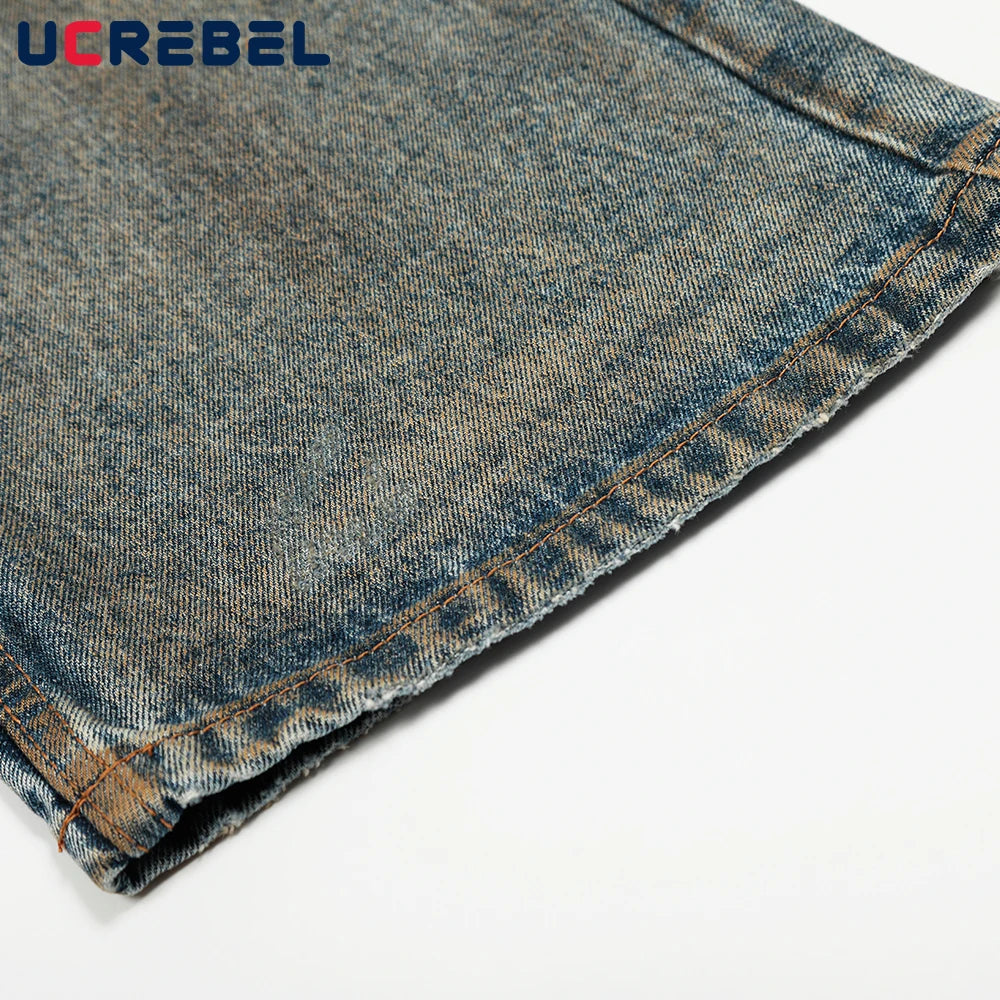 Ripped Straight Jeans Mens Retro High Street Washed Distressed Baggy Wide Leg Trousers Men