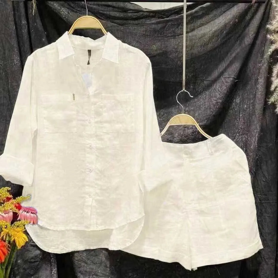 Summer Cotton Linen Casual Home 2 Piece Set For Women tracksuit 2026 Fashion White Long Sleeve Shirt And Shorts 2- Pcs Set Women