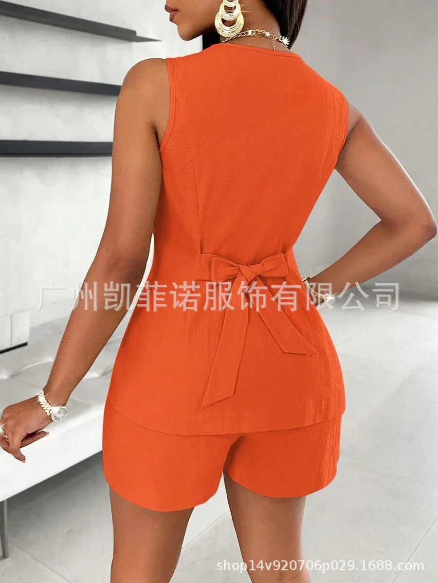 Women Fashion Casual Shorts Set Summer Vest Top Button Solid 2 Pieces Set Lace-up Pant Suits Womens Clothing Office Holiday 2025