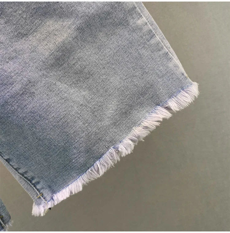 Ladies' Beaded and Sequined Denim Cropped Pants, New Summer Style, Raw-edge Straight-cut, Slim-fitting, Versatile Shorts
