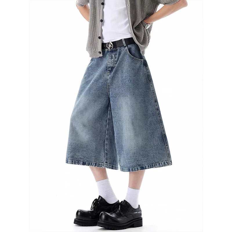Man's Blue Denim Shorts Y2k Jeans Short Pants Harajuku Aesthetic Vintage Embroidery Cowboy Shorts 2000s Trashy Clothes