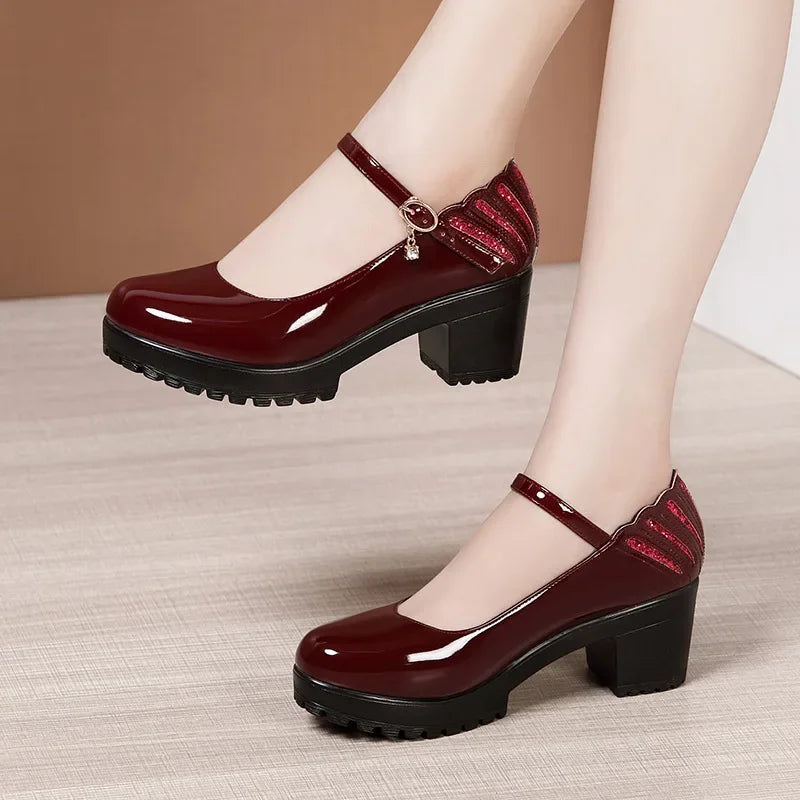 6 8 10cm Small Size 32-43 Shallow Patent Leather Shoes Women Mary Janes 2025 Fall Block Heels Shoes Platform Pumps Office Mom