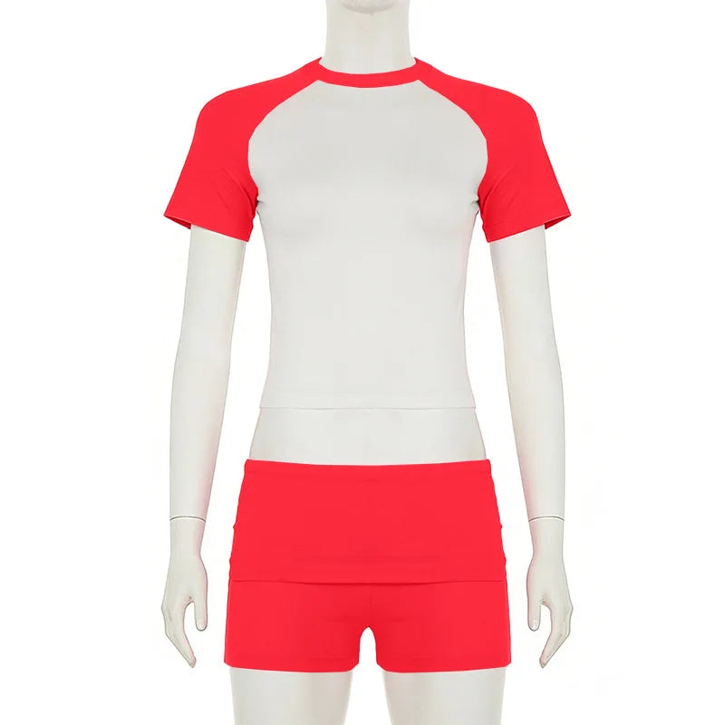 Women's Colorblock 2 Piece Outfit Set Raglan Sleeve Crop Top High Waist Foldover Waistband Biker Shorts Casual Sporty Loungewear
