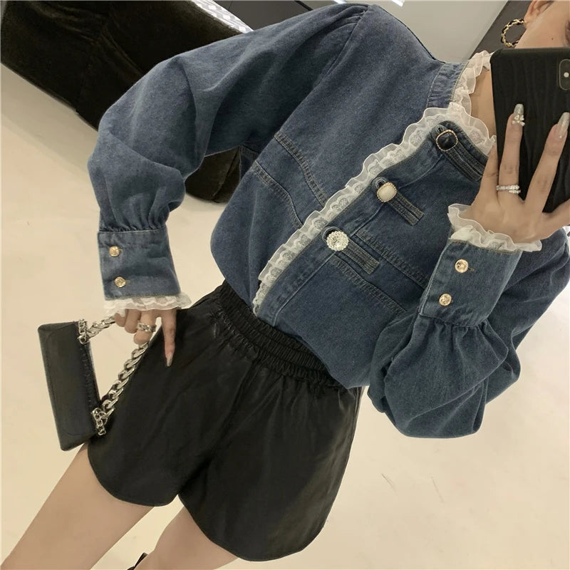 2025 Spring Lace Denim Shirt Women Fashion Patchwork Long Sleeve Blouse Female Loose Stand Collar Button Down Jean Shirts Woman