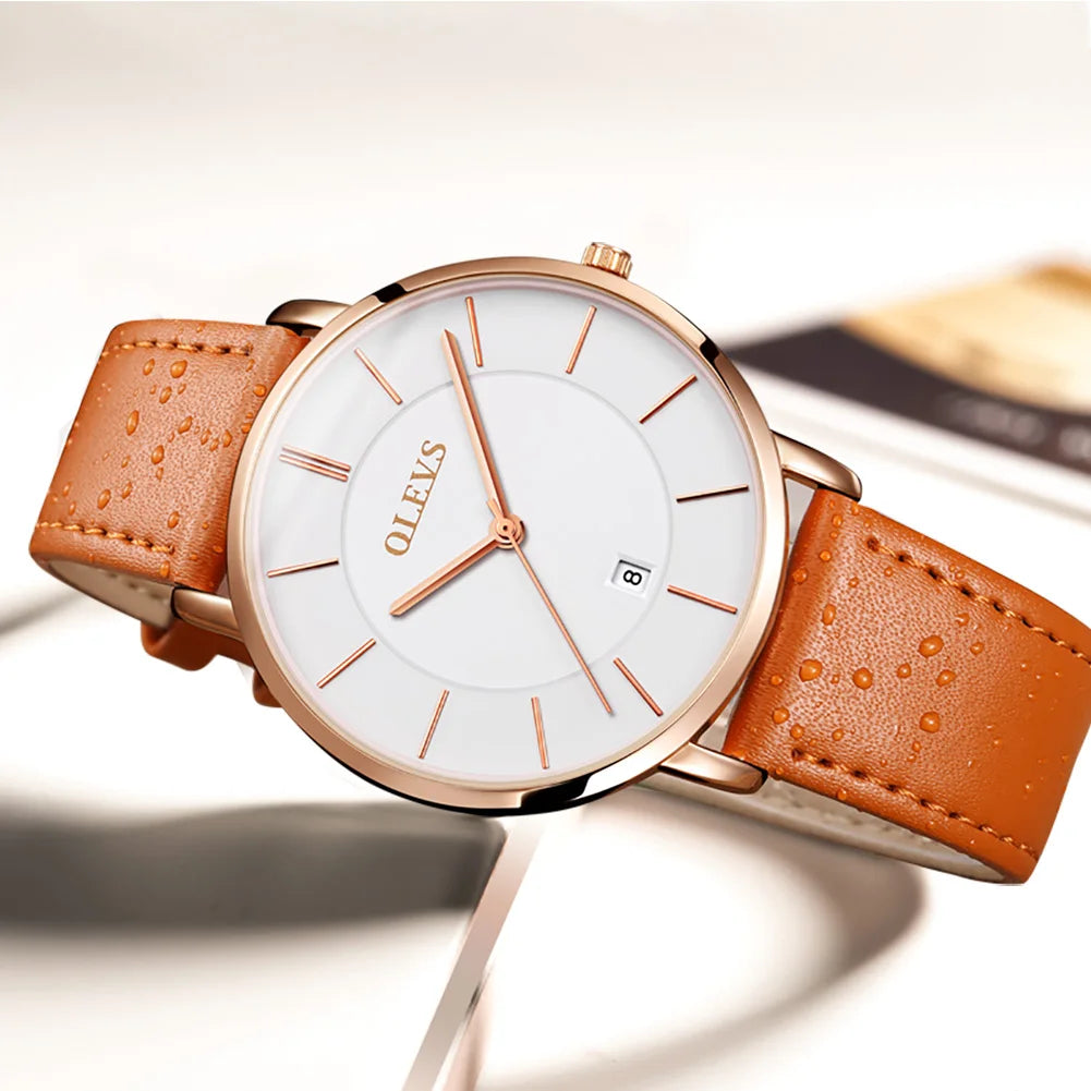 Top Brand OLEVS Ultra Thin 6.5mm Minimalist Fashion Quartz Watch for Men Leather Strap Auto Date Male Waterproof Mens Wristwatch