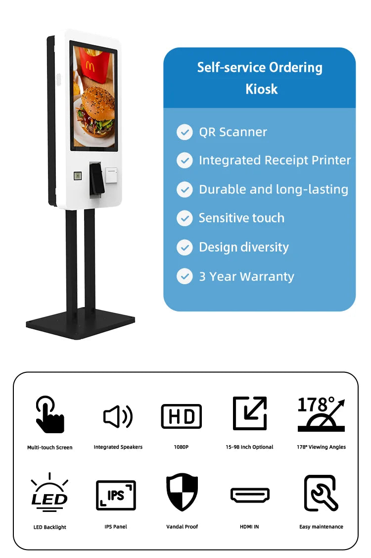 Food Order Checkout Touch Self Service Interactive Payment Kiosk Touch Screen for Restaurant