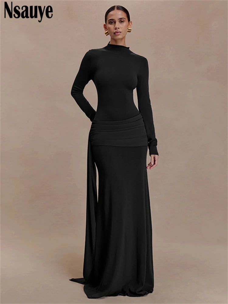 Nsauye Women Vintage Sexy New Fashion Night Club Evening Party Maxi Dress Long Sleeve 2025 Winter Holiday Elegant Bodycon Dress