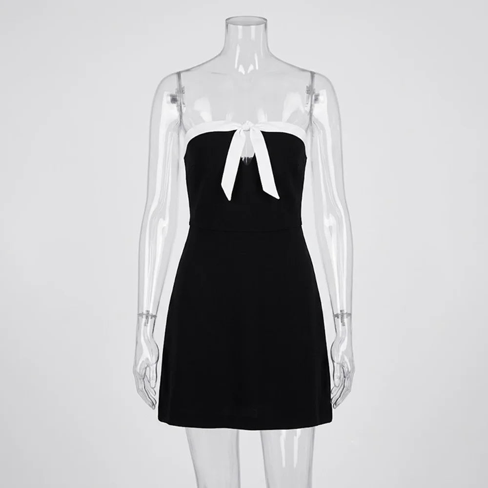 Ticketsx Sexy Bow Dress Female Summer Strapless Backless Contrast Mini Dress Elegant Party Club Vintage Y2k Women's Casual Dress