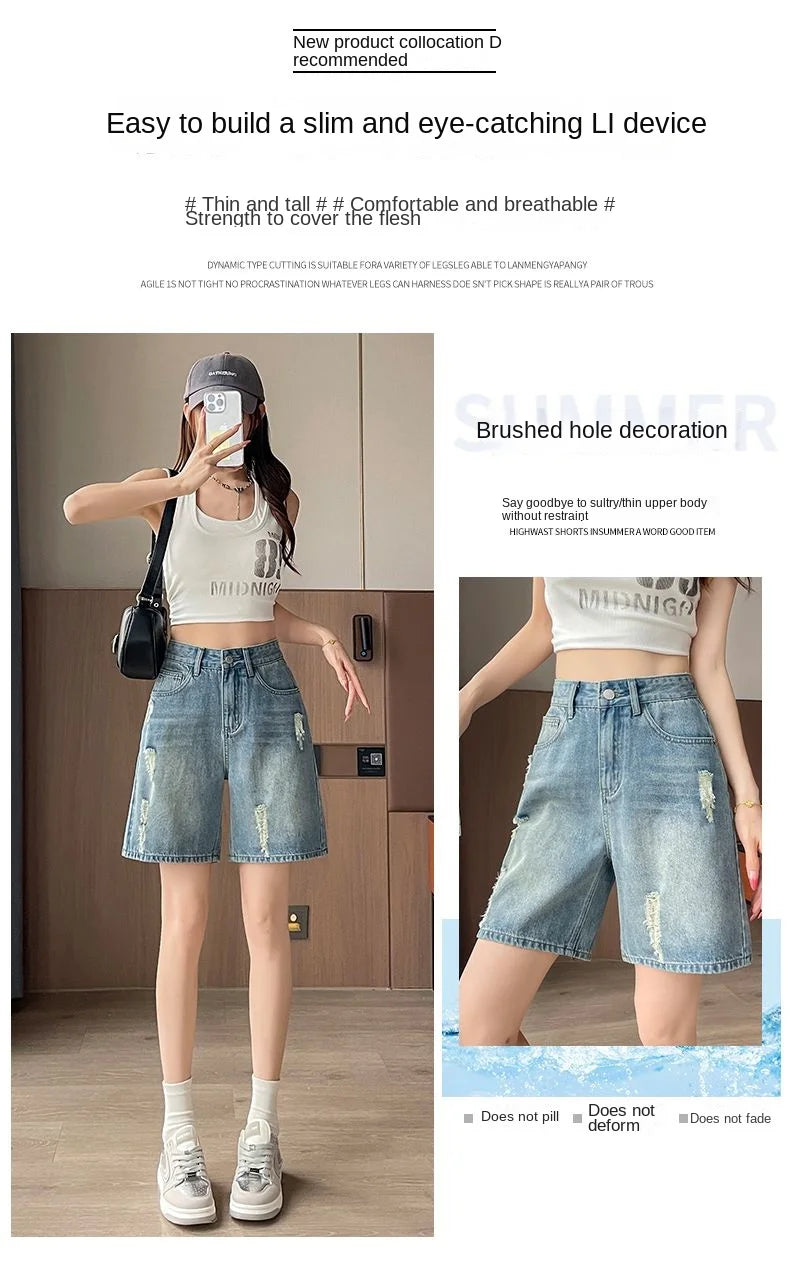 2026 Summer New Women Vintage Washed Ripped Denim Bermuda Shorts Loose Straight Five Points Casual Street Jeans