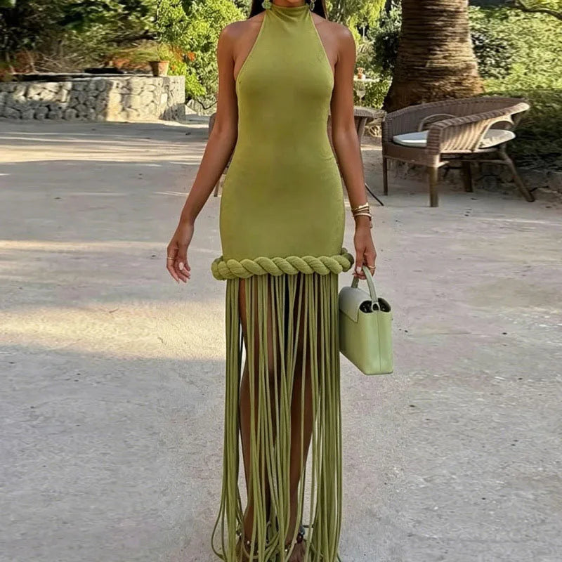 Women Solid Braided Trim Cutout Maxi Dress Sleeveless High Slit Bodycon Fit Gown 2026 Summer Elegant Evening Formal Party Outfit