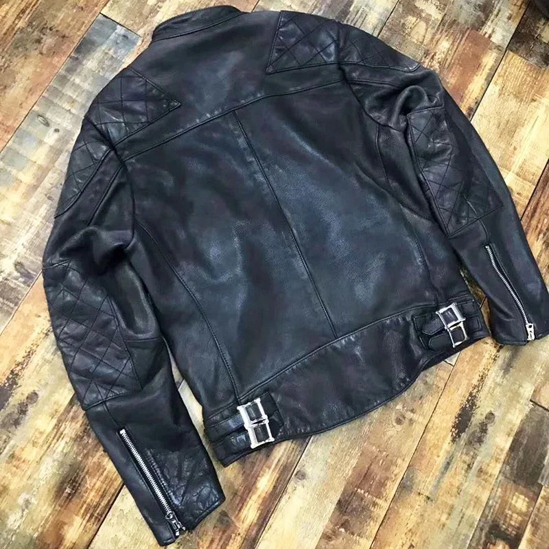 YR!Best.Heavy Thick Cowhide Motor Jacket.Mens Vintage Style Tanned Leather Coat.1.5mm Leather Rider Jacket.Slim Fit