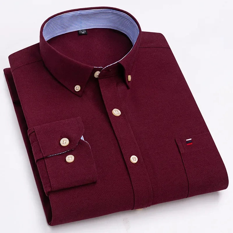 Men's 100% Cotton Smart Casual Shirt Long Sleeve Plaid Oxford Casual Solid Color Print Regular Fit Dress Shirt Oversized  6XL