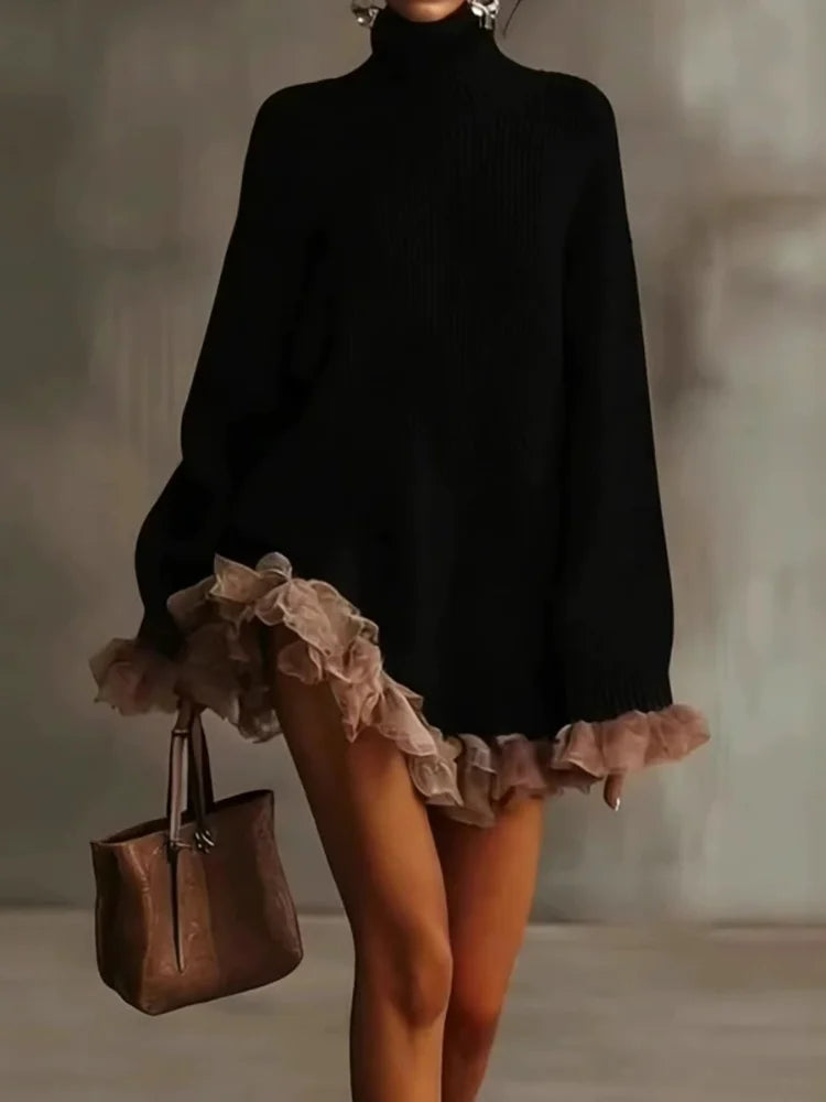 Autumn Winter Turtleneck Simple Sweater Dress, Women Holiday Casual Patchwork Mini Dress, Long Petal Sleeve Sweet Ladies Dress