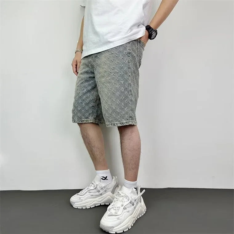 Workwear Pants, Washed Denim Shorts, Men's Denim Shorts, Designer High Street Fashion Loose Fit Fir Straight Leg Men's Shorts