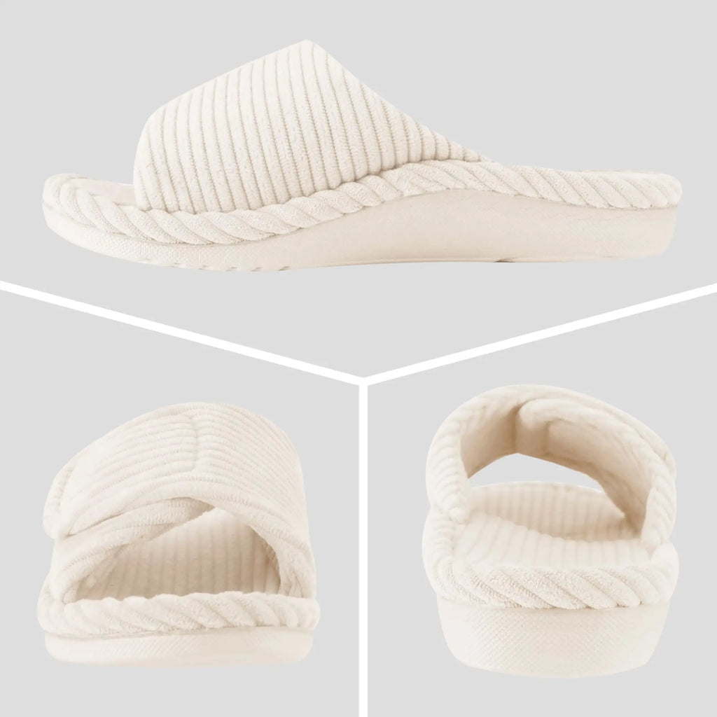 Evshine Women's Orthopedic House Slippers Arch Support Indoor Fur Slippers with Adjustable Strap Open Toe Corduroy Bedroom Shoes