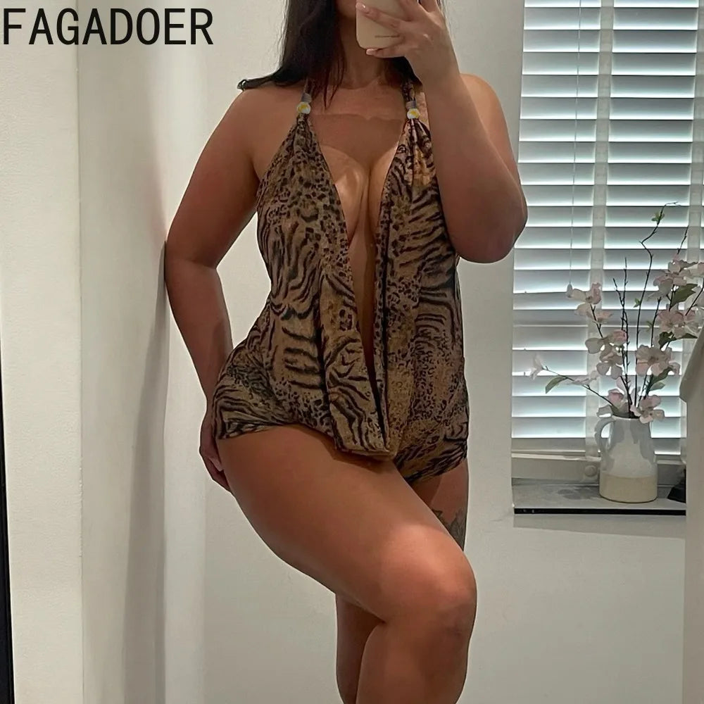 FAGADOER Sexy Leopard Print Two Piece Outfits Woman Halter Deep V-neck Backless Crop Top and Shorts Matching Female Streetwear