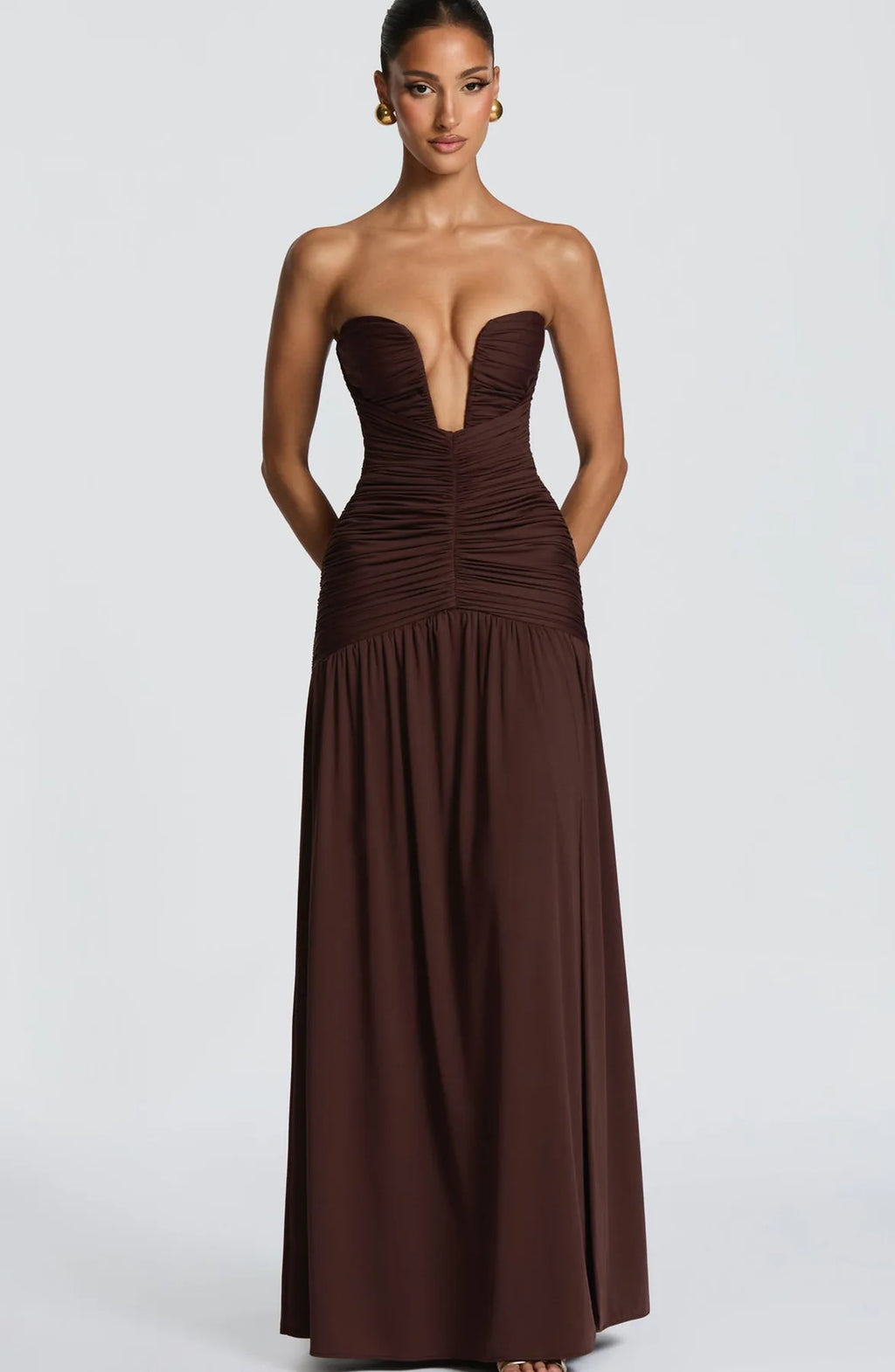 Elegant Lady Solid Maxi Dress Sleeveless Off Shoulder Deep V-neck High Split Pleated Satin Gown 2026 Women New Dinner Party Wear