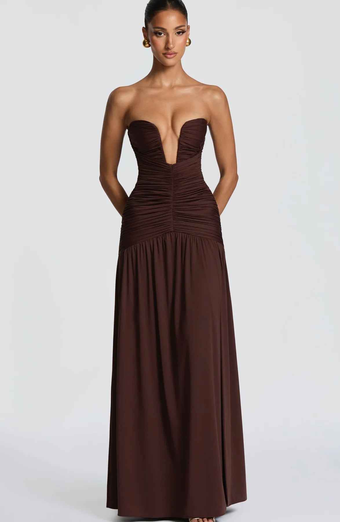 Elegant Lady Solid Maxi Dress Sleeveless Off Shoulder Deep V-neck High Split Pleated Satin Gown 2026 Women New Dinner Party Wear