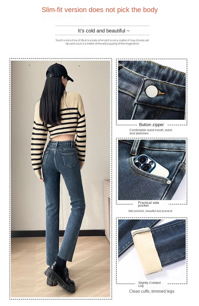 Womens Jeans Fleece Lined Thickened Winter Warm Straight Leg Loose Fit High Waist Slimming Trousers Y2k Clothes Y2k Jeans