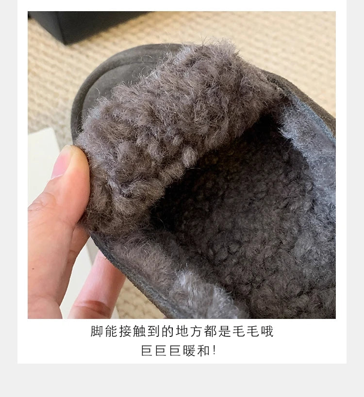 New Suede Leather Loafers Woman Round Toe Slip-on Casual Flat Shoes Wool Warm Winter Shoes Outdoors Walk Shoes Women