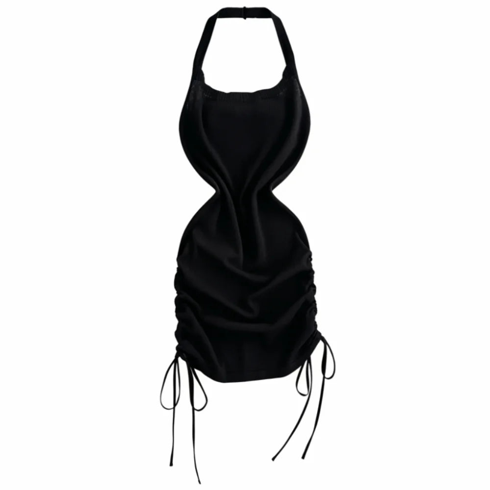 Y2K Solid Color Halter Neck Dress Sleeveless Design Drawstring Mini Dress Ruched Side Stretchy Knit Sundress Women Summer Wear
