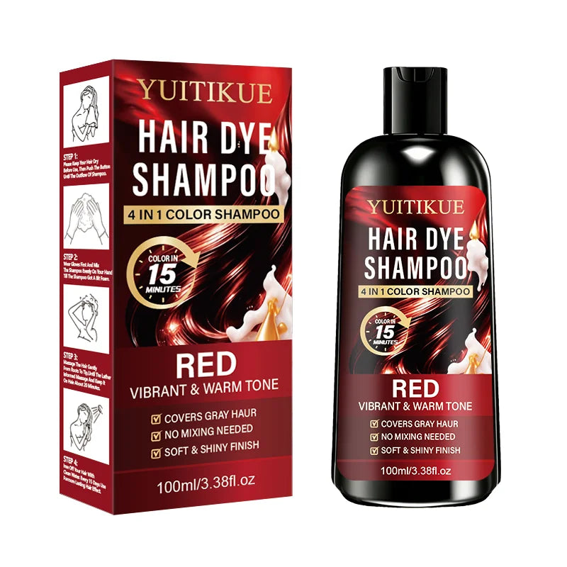 YUITIKUE Red 4-in-1 Coloring Shampoo Long Lasting Warm Hair Color Quick Dye Shampoo For Covering Grey White Hair