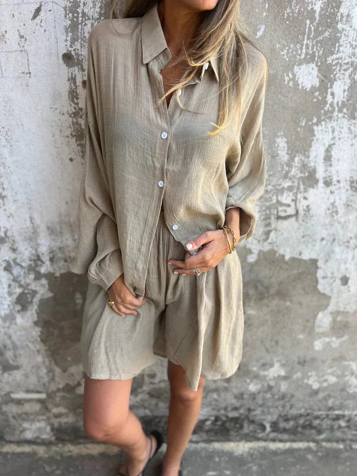 2026 Women's Casual Solid Color Cotton and Linen Shorts Long Sleeve Wrinkle Shirt Two-piece Set